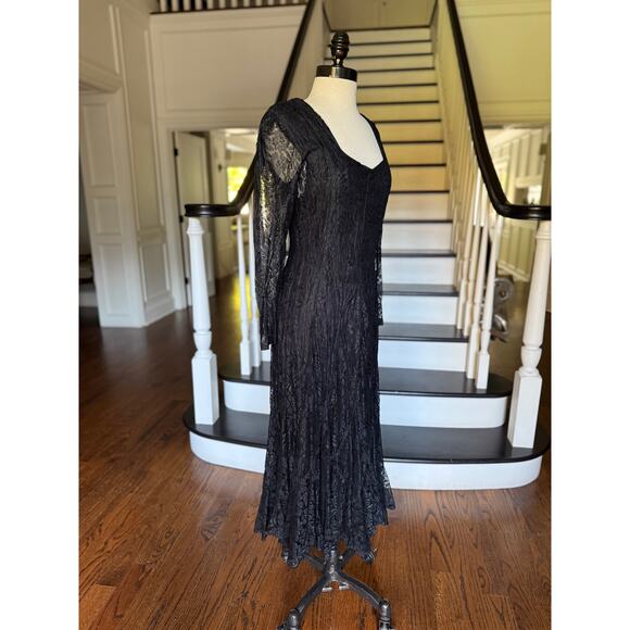--SOLD--Vintage 90s Black Lace Bias Twirl Dress Whimsy Goth Shabby Chic Gypsy - Picture 9 of 11